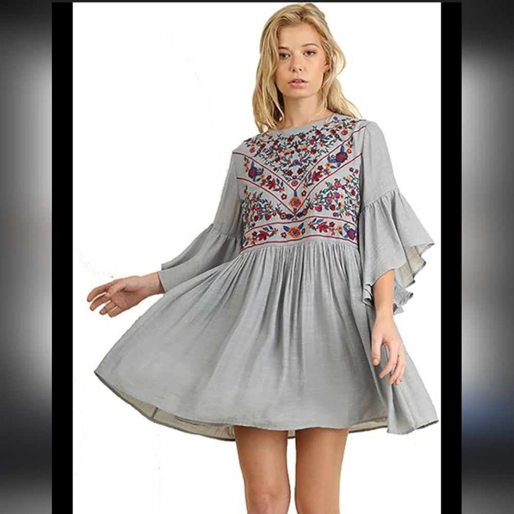Umgee Gray Mini Dress with Floral Embroidery